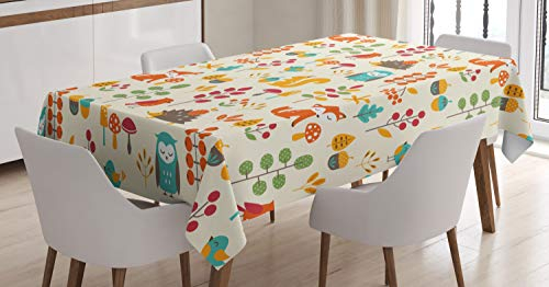ABAKUHAUS Kinder Tischdecke, Eule Fox Eichhörnchen Vögel, Für den Inn und Outdoor Bereich geeignet Waschbar Druck Klar Kein Verblassen, 140 x 170 cm, Beige Orange