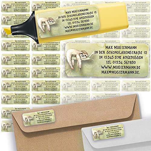 Adress-Etiketten - Adress-Aufkleber Sticker Namensaufkleber mit Ihrem Wunschtext 57x 23mm, für 1 bis 5 Zeilen Text - 45 Stück 45 Hintergründe zur Auswahl (07 Faultier Slot)