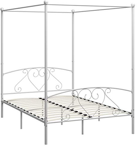 Tidyard Himmelbett-Gestell Doppelbett Metallbett Bettrahmen Lattenrost Schlafzimmerbett Schlafzimmermöbel Ehebett Weiß Metall 160 x 200 cm