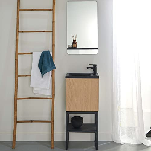 Meuble Lave-Mains Bois et Métal + Miroir Tablette Noire - Nova
