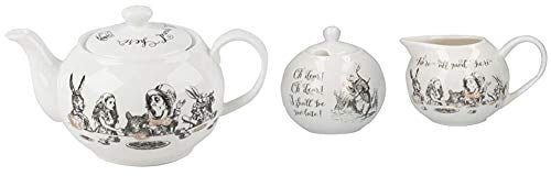 V&A Alice in Wonderland Mini Teapot, 450ml (16 fl oz) & V&A Alice in Wonderland Fine China Milk Jug and Sugar Bowl Set with Decorative Illustrations (2 Pieces) - White
