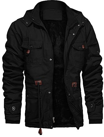 CHEXPEL Herren Dicke Winterjacken mit Kapuze Fleecefutter Baumwolle Militär Jacken Arbeitsjacken mit Cargotaschen, Black-01, L