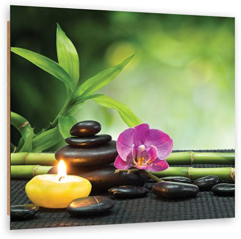 Feeby Tableau Zen Spa Bougies Bambou 50x50 cm Déco Imprimé Moderne Orchidée Nature morte Pierres vert