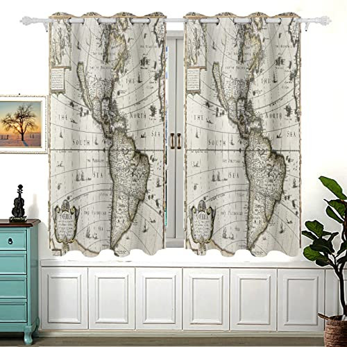 Ancient America Old Map with Greenland Insert Map 2 PCs Window Curtain Panels, Blackout Drapes Perforated Polyester Curtain Thermal Insulated & Light Blocking Panels 84x54 inch