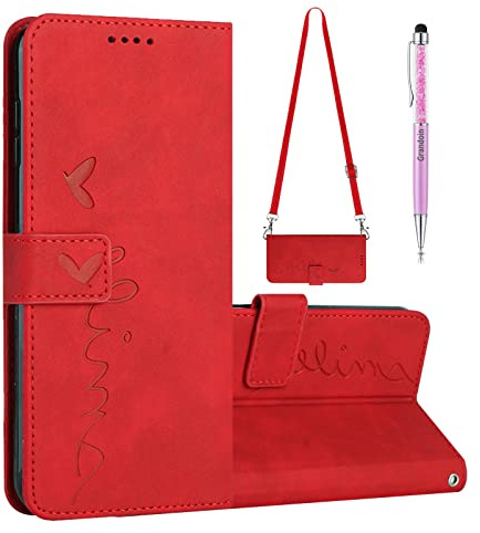 Grandoin Kompatibel mit Samsung Galaxy A70 Hülle mit Kette, Klapphülle aus Kunstleder und TPU, Magnetischer Verschluss, Stoßfest, Rot