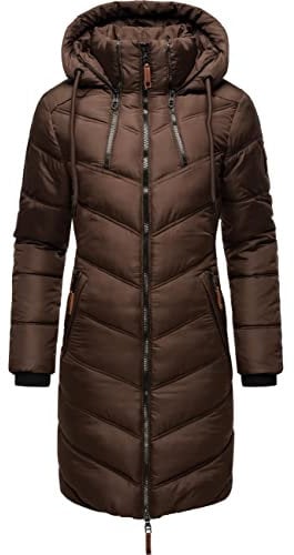 MARIKOO Damen Wintermantel Warmer Steppmantel lang mit Verstellbarer Kapuze Armasa Dark Choco Gr. XXL