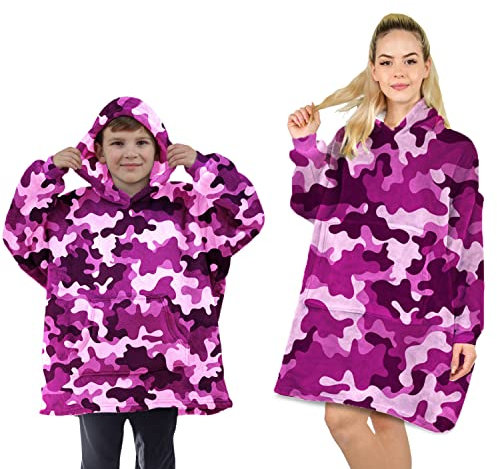 ALLEN & MATE Hoodie-Decke für Kinder und Erwachsene, übergroßer Decken-Hoodie, warmer Morgenmantel, weicher Fleece-Bademantel mit Kapuze, Geschenke, Mädchen, Teenager, Erwachsene (Pink Camo)