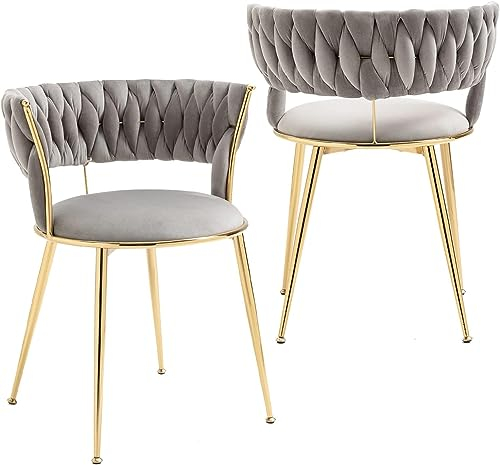 SUPPNEED Samt-Esszimmerstühle 2er Set, gepolsterter Wohnzimmerstuhl mit gewebter Rückenlehne und goldenen Metallbeinen, Beistellstuhl für Esszimmer, Wohnzimmer, Küche (Grau)