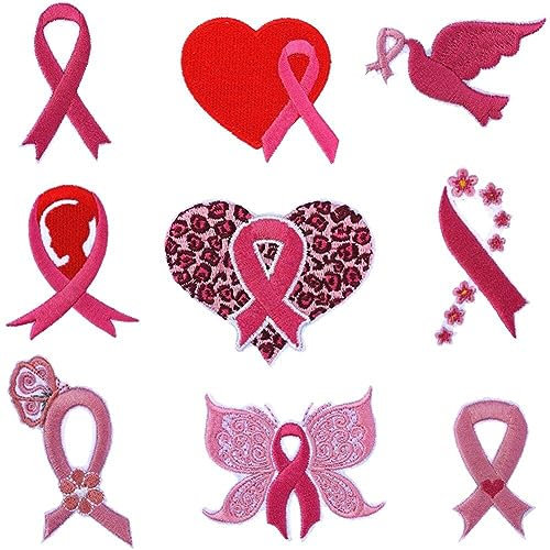 9 Pcs Breast Cancer Awareness Iron on Patches Appliques Pink Ribbon Embroidery Appliques Repair Patches for Clothes Decorative