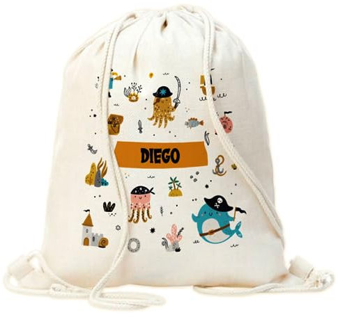 Mochila saco niño personalizada diseño piratas. Mochila de cuerdas personalizada infantil para la Vuelta al cole o guardería. Mochila saco personalizada. Mochilas infantiles personalizadas