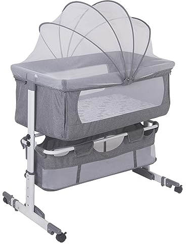 Baby Beistellbett Babybetten, Babywiege Reisebett mit Rollen Kinderbett Neigbar Höhenverstellung, Babybett mit weich Matratze & Moskitonetz (Hellgrau)