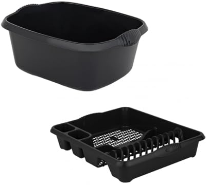 Aurora - Plastic Rectangular Washing Up Bowl & Large Dish Drainer Rack Plate Holder Kitchen Sink Set of 2 - Midnight (Darkish Grey)