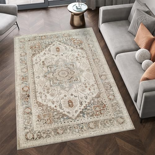 TAPISO Retro Teppich Kurzflor Vintage Beige Blau Weiss Braun Bordüre Rahmen Meliert Klassisch Ornament Wohnzimmer Schlafzimmer ÖKO-TEX 200 x 300 cm