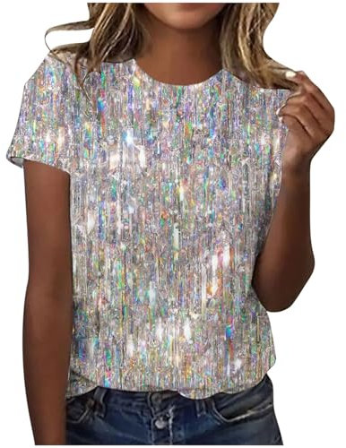 AMhomely Short Sleeve Tunic Tops for Women UK Sparkling Tops Ladies Elegant Blouse Gradient Sequins Print Casual T Shirts Crewneck Tunic Loose Fit Pullover Shiny Shirts Office Work Grey L