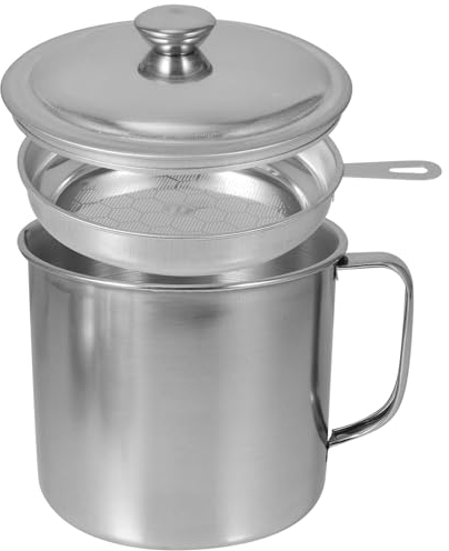Ciieeo 1.4L Stainless Steel Oil Filter Pot Grease Can Lid and Mesh Strainer Oil Storage Cup for Kitchen Leak-Proof Prevents Dirt and Insects Easy to Fill and Pour Random Style