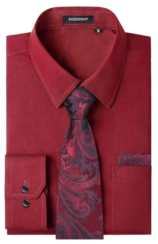 HISDERN Men's Burgundy Shirts Long Sleeve Smart Formal Red Plain Dress Shirt and Tie Set Business Casual Wedding Regular Fit XL