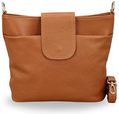 BRISE Umhängetasche Damen Echtes Leder ELLIE Handgemachte Crossbody Bag mit Ledergurt 6 Fächer Wasserdichte Schultertasche Made in Italy (Cognac Braun - 1)