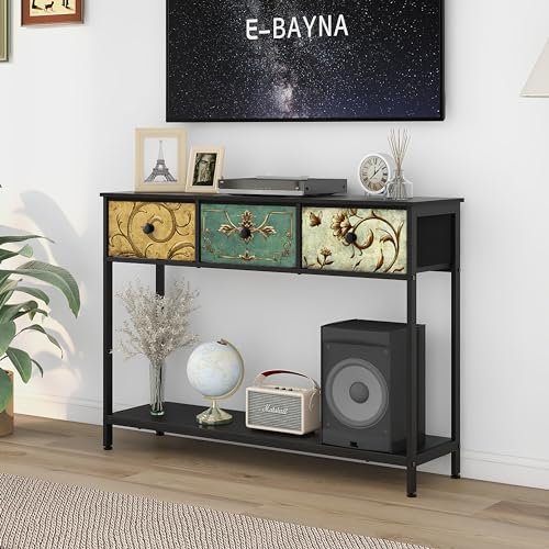 VEDECASA Console Table for Entryway with 3 Drawers Slim Hallway Table with Storage Shelf Narrow Long Sofa Table for Hallway Couch Living Room Kitchen Metal Frame Wooden Top Easy Assembly (Black)
