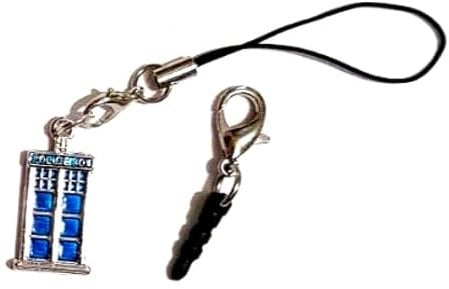 Silver & Blue, Steel and Enamel Whovian Phone Box Mobile Charm and Headphones Socket Dust Cover Whovian Science Fiction Fan Phone Jewelry Bling