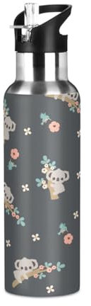 Borraccia termica in acciaio inox con motivo koala e fiore di koala, per bambini, con coperchio con cannuccia, a prova di perdite, per ciclismo, corsa, passeggiate all'aperto, 590 ml