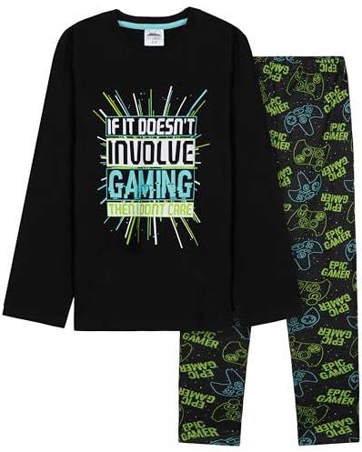 CityComfort Pyjama Garçon Gaming, Ensemble Pyjama Enfant et Ado Long, Thème Jeu Vidéo pour Nuit ou Détente, Cadeau Gamer (7-8 Ans, Vert/Noir Gaming)