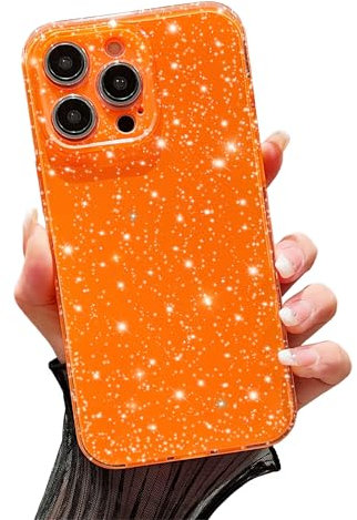 FABSPARK Custodia per iPhone 15 Plus, super carina e vivace con glitter al neon, luccicante e lucida, antiurto, sottile, custodia protettiva per fotocamera per iPhone 15 Plus da 6,7 pollici, arancione