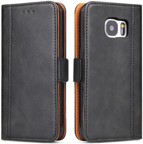 ROJIOJIO Handyhülle für Samsung Galaxy S7, Leder Handytasche Kartenfach Klappständer Magnetisch Lederhülle für Samsung Galaxy S7 Hülle, Schwarz