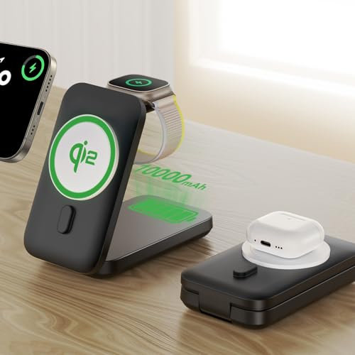 Qi2 Power Bank,[Certificado] Estación de carga 2 en 1 integrada de 10000 mAh, batería compatible con iPhone 17/16/15/14/13/12 MagSafe, soporte magnético de 15 W plegable rápido inalámbrico para Apple