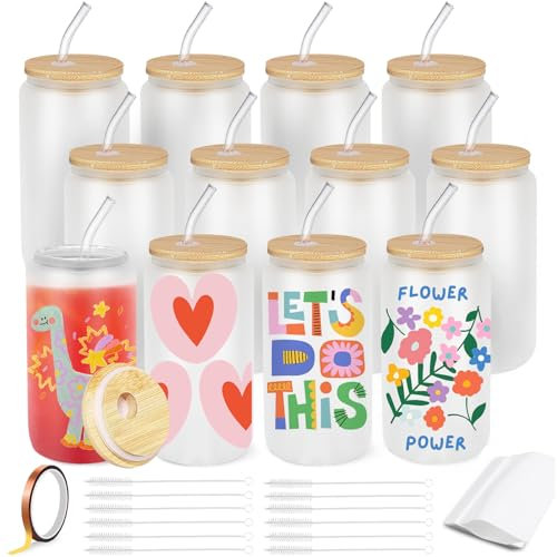 Cafultgo 12Pcs Sublimation Glass Cans with Straws and Bamboo Lids, Clear Cups for Cocktails, Whiskey, Cola, Juice, Soda, Tea, Water, Gift Set, Drinks 16oz(Frosted)