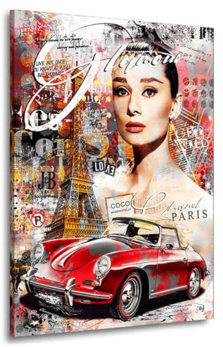 Kunstgestalten24 | Audrey Hepburn Paris | Kunst Pop Art Bild | Auto 356 | Wohnzimmer bilder | Wandbilder | Wanddeko | XXL Bilder auf Leinwand | Moderne Bilder |