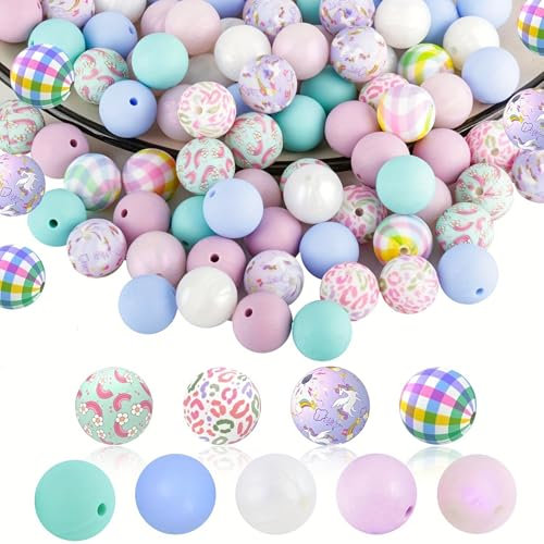 Umimiss Silicone Beads - 58pcs Unicorn Colorful Flower Pink Pastel, 15mm Round Rubber, Large for Crafts, Boho Making Kit Supplies for Lanyard Bracelets Necklace Jewelry