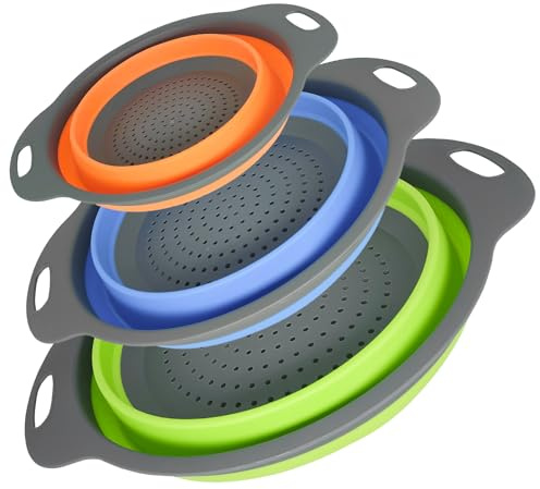 Tri-Color Silicone Collapsible Colander Set (3Pcs 2/4/6 QT) - Space Saving Foldable Strainers with Non-Slip Base for Pasta, Veggies & Camping, Dishwasher Safe Instant Fold Kitchen Gadget