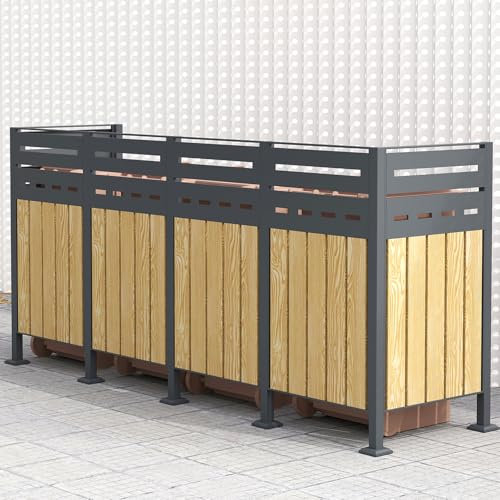 Youyijia Metall Mülltonnenzaun, Mülltonnendeckel für 60/120/240 L Mülltonnen, rostfrei und stabil, Mülltonnenverkleidung mit Sichtschutz, 326x150x85cm für 4 Mülltonnen, grau/Holzoptik Mülltonnenbox