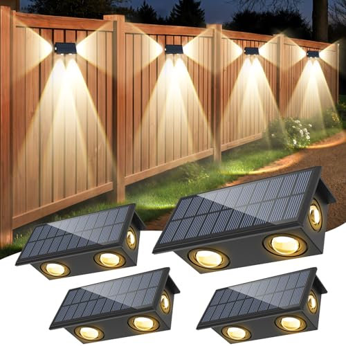 NATPOW Solar Fence Lights, Dusk Till Dawn Outdoor Lights, Warm White Solar Wall Lights Outdoor Garden Fence, IP65 Garden Lighting for Ornaments Outdoor, Step, Yard Decoration(4Packs)