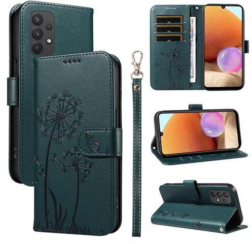 Bravoday Handyhülle für Samsung Galaxy A32 5G Hülle, Premium PU Lederhülle Klappbar Tasche Klapphülle mit Magnet Kartenfach Standfunktion Schutzhülle für Galaxy A32 5G, Dunkelgrün