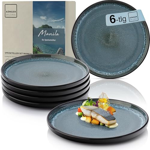 Sänger Manila | Teller Set 6 Personen, Steingut Geschirr Set 6 tlg, Speiseteller Essteller Dinner Set kratzfest, Plates Set spülmaschinenfest, Speise Teller blau mit schwarzem Rand |VALUE COLLECTION