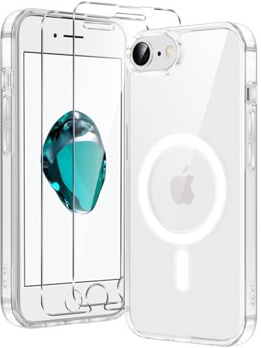 Xiltlly Magnétique Coque pour iPhone SE 2022/SE 2020 et iPhone 8/7 avec 2 Pièces Verre Trempés, Compatible avec MagSafe, Anti Rayures Antichoc TPU Bumper Housse Etui, Transparent