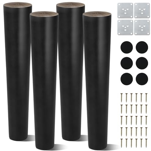 AWBEOT Lot de 4 Pieds de Meubles Bois Conique de 25 cm Pied de Table en Bois Massif Pièds de Rechange en Boîs pour Canapé Lit Placard Fauteuil, avec Plaque de Montage,Vis,Protecteur Antidérapant, Noir