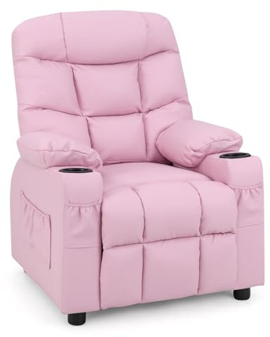 COSTWAY Kids Recliner Chair, PU Leather Upholstered Children Armchair Sofa with Footrest, Cup Holders, Side & Front Pockets, Single Toddler Gaming Lounger for Boys Girls (Pink)