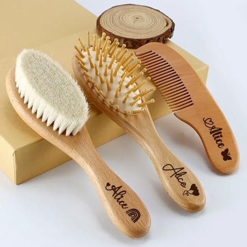 Miguha 3er-Set personalisierte Babybürste aus Holz mit individuellem Namen, Baby-Wollkamm, Haarbürste for Neugeborene, Kopfmassagegerät for Säuglinge, Badekamm for Kinder