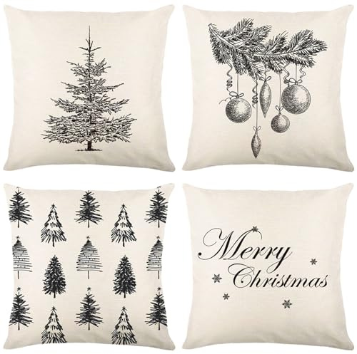 4er Set Kissenbezug Weihnachten - 45x45 Weihnachtsdeko Outdoor Innen Weihnachtskissen, Leinen Kissen Weihnachten Weinachtsdekorationen, Kissenbezüge Weihnachte für Aussen Couch Wohnzimmer Garten Room