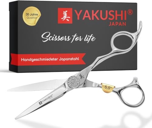 YAKUSHI SHINE Haarschneideschere 5,5'' I Special-Line I Handgeschmiedete Schere aus Titanium Japanstahl I Rasiermesserscharfe Friseurschere mit Semi-Offset Form & Rädelschraube in Kristall-Optik