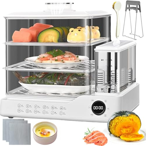 Cuiseur Vapeur 3 Étages Professionnel, 24L Grande Capacité avec Réservoir 1.5L Démontable, Programmation 24H & Filtre Purification, Plateaux Inox Cuisson Santé