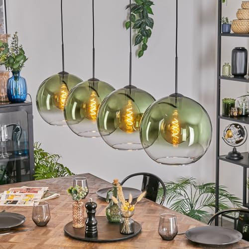 HOFSTEIN Hängeleuchte Koyoto, 4-flammige Hängelampe aus Metall/Glas in Schwarz/Grün/Klar, moderne Pendelleuchte im Retro/Vintage-Design (Schirme Ø 30 cm), E27, Esszimmer, Küche, Wohnzimmer
