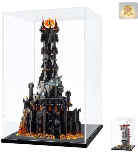Acryl Vitrine Schaukasten 3mm für LEGO 10333 Herr der Ringe Barad-dûr 76178 | Transparente Displayvitrine plexiglas Groß für LEGO Daily Bugle Figuren Sammlerstücke mit Led, Schwarz Innen 50x35x85cm