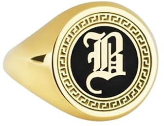 WORLD WIDE GEMS B-Siegelring mit Initiale, schwarzer Emaille-Mittelbuchstabe, individuelles Geschenk, Monogramm, Rosa, 925er-Sterlingsilber (Ringgröße 5–12,5), vergoldet, WW_PDR_00200, 14x14mm