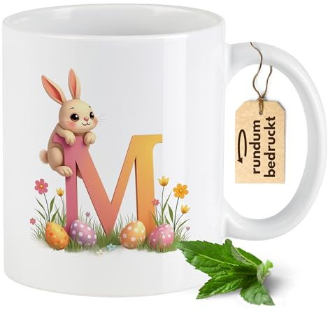 GRAZDesign Personalisierte Tasse mit Hasenmotiv - Ostern Geschenk - Buchstabe M - Rundum bedruckt - Kaffeetasse für Kinder und Erwachsene