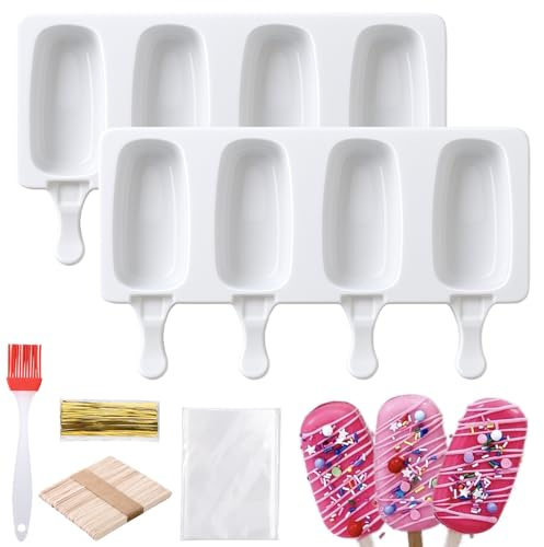 Bafutayawa Cakesicle Silikonform Set med 2 former för glass- och Cake Pop-display med träpinnar och påse Silikonform för Lollipop-glass Vit
