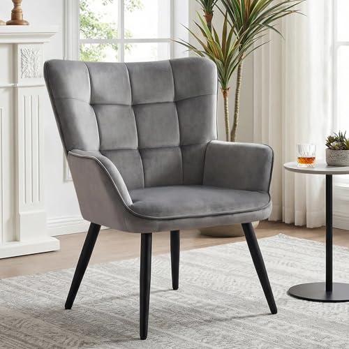 Ckaff Ohrensessel Sessel Wohnzimmer, Skandinavischer Stil Ohrensessel aus Samt, Schminktisch Stuhl Esszimmerstuhl, Loungesessel Polstersessel fürs Wohnzimmer Schlafzimmer, Grau