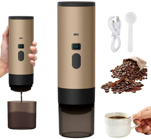 Cafetera de Café Portátil, Máquina de café con molinillo, Cafetera Portátil, Máquina de Espresso, Carga USB-C, Compatible con Café Molido y Cápsulas, Ideal para Camping, Viaje, Senderismo (Oro